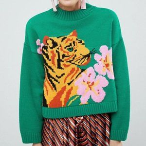 Tiger and Flower Knitted Crew Neck Sweater